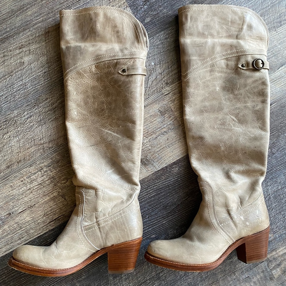 Frye Jane Knee High Cuff Leather Boots Tan 5.5